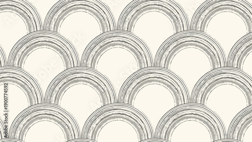 Seamless pattern of hand-drawn brushstroke semi-circles, creating a elegant scallop or wave effect in black on a light beige background.