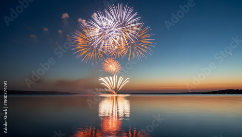 Vibrant fireworks display over serene water at dusk