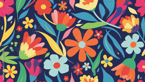 Seamless pattern of densely packed, colorful, stylized flowers and leaves on a dark blue background, creating a vibrant and cheerful botanical design.