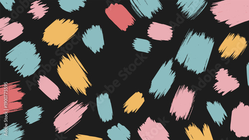 Seamless pattern of scattered, colorful brushstrokes in vibrant pink, light blue, orange, and peach hues on a dark black background, for artistic design.