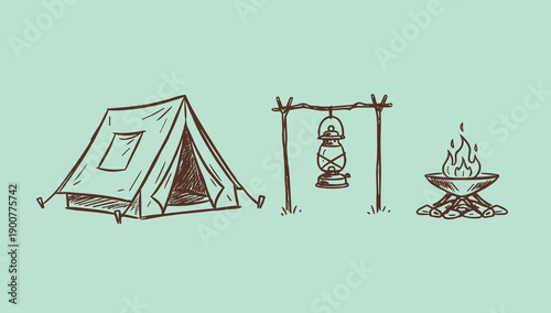 Hand drawn vintage camping scene sketch featuring a tent hanging lantern and campfire over green background in rustic style