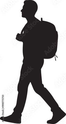 Man with backpack walking silhouette vector illustration on transparent background design