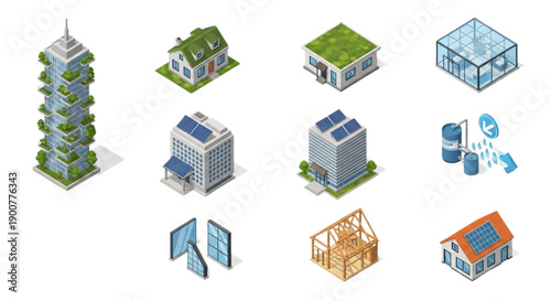 Collection of isometric eco-friendly buildings and smart city elements illustrating sustainable urban living