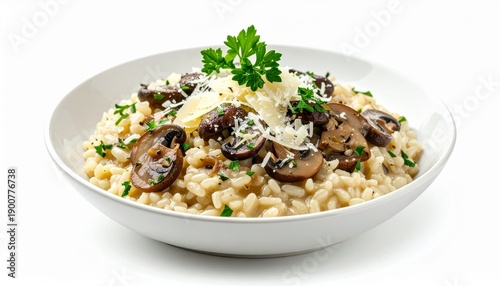 Creamy mushroom risotto with parmesan cheese and fresh parsley garnish