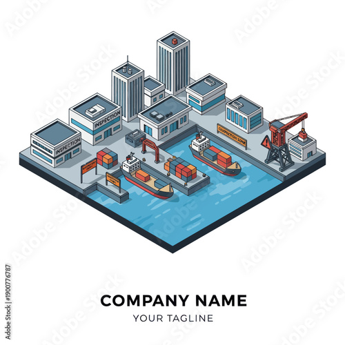 Isometric Industrial Harbor with Cargo Ships and Cranes.