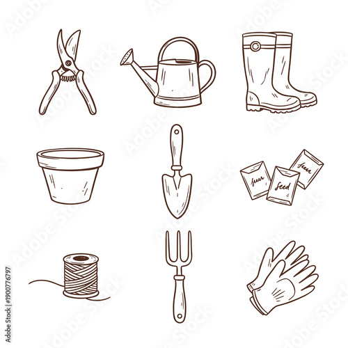 Gardening tools and equipment line art sketches collection including pruners, watering can, boots, flower pot, trowel, seeds, and gloves