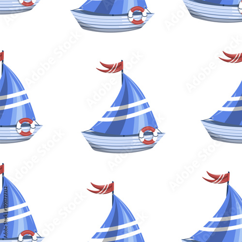 Seamless pattern of cartoon ships with blue sails on a white background. Vector pattern for textiles and summer designs.
