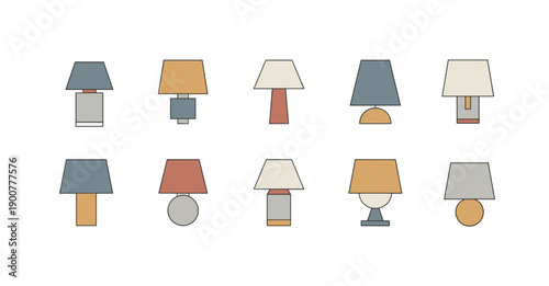 Minimalist flat vector icons of various modern table lamps in different geometric shapes and colors for interior design concepts