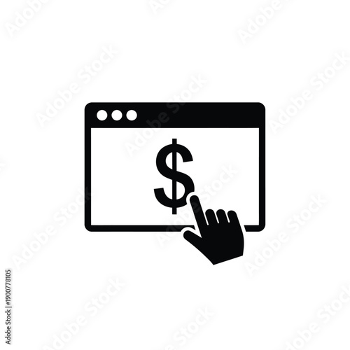 Black icon of a hand clicking on a browser window with a dollar sign
