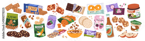 Healthy snacks set. Natural diet food. Granola, energy bar, cereal and nuts, rice cakes, yogurt, fitness protein cookie, drink in packages. Flat vector illustration isolated on white background