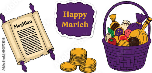 Purim scroll coins basket happy marich holiday symbols vector illustration
