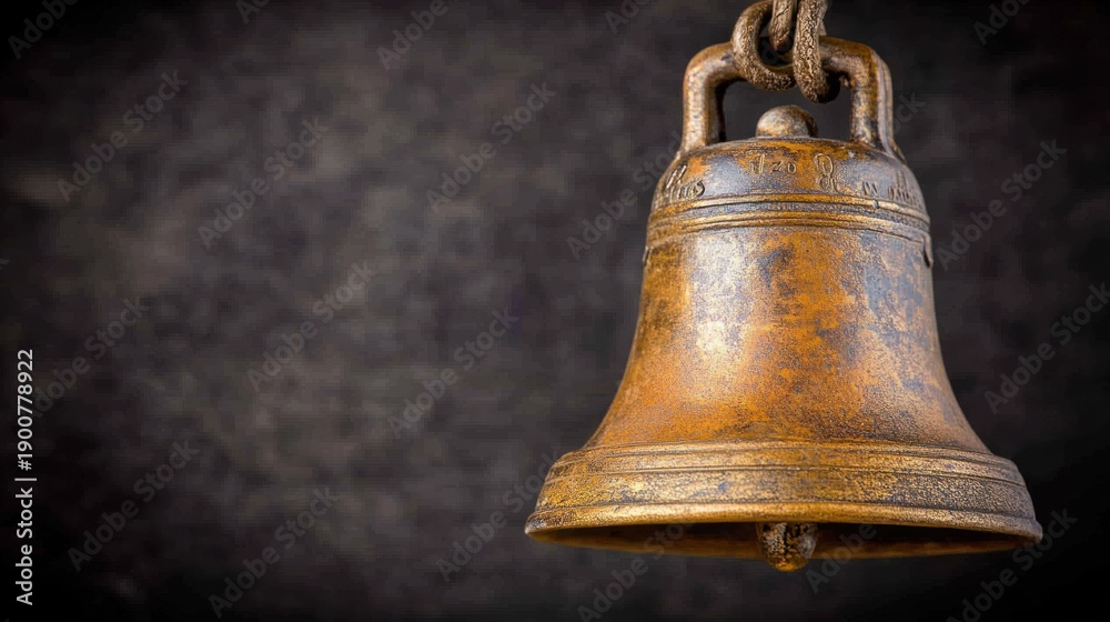 Fototapeta premium Vintage Bronze Bell Hanging on a Rustic Background with Textured Surface and Subtle Lighting Effects