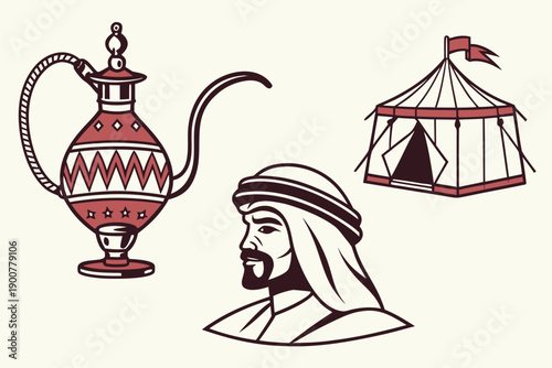 A depiction of ancient artifacts and a circus tent, showcasing historical and cultural elements. isolated on transparent background, isolated on white background, Vector