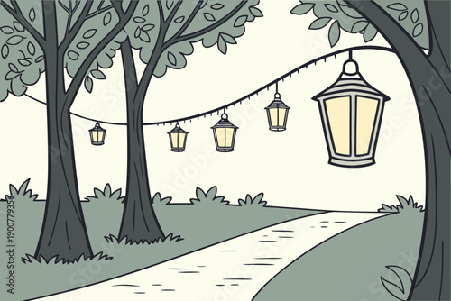 A serene evening walk under the soft glow of hanging lanterns in a park. isolated on transparent background, isolated on white background, Vector