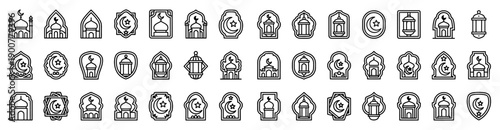 Collection of mosque and lantern outline icons in various shapes and frames, drawn in simple black line style for UI design, decoration, or religious illustration.