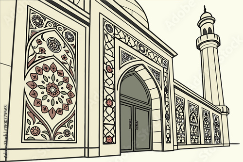 Intricate geometric patterns adorn the facade of an ancient mosque. isolated on transparent background, isolated on white background, Vector