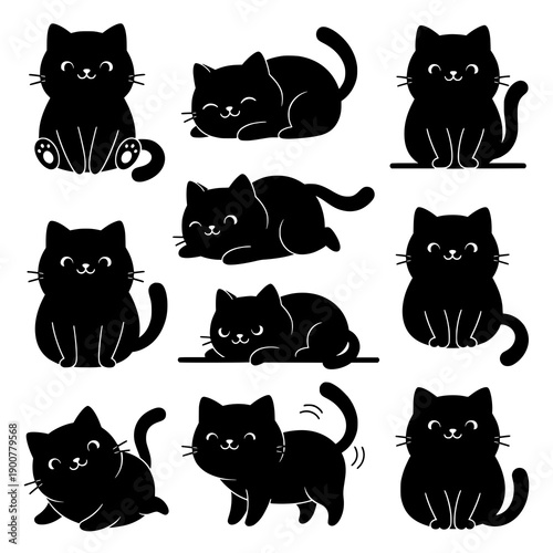 Cute Kawaii Black Cat Silhouettes Chubby Cartoon Set