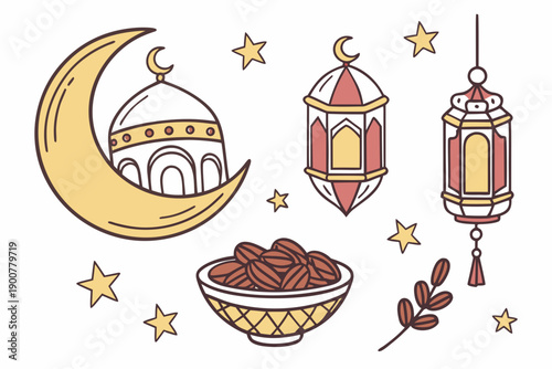 A vibrant illustration of a crescent moon, lanterns, and a hookah in a mystical setting isolated on transparent background, isolated on white background, Vector