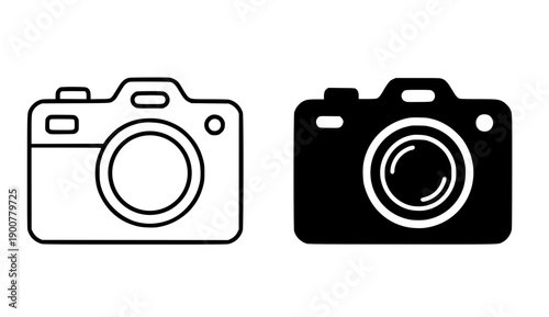 Electronic or technology icon, vector illustration of a simple digital camera, black and white in outline and silhouette design style