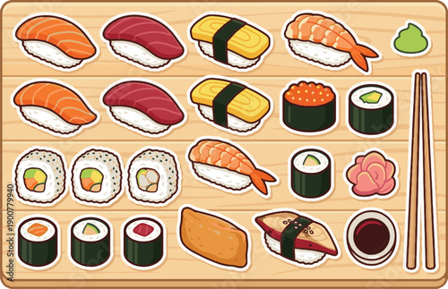 Cute Sushi Set Vector Sticker. Salmon, tuna, shrimp nigiri and maki roll on wooden board collection
