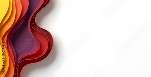 Abstract background featuring elegant layered paper cut waves in warm vibrant colors like yellow, orange, red, and purple on a clean white backdrop with ample copy space.