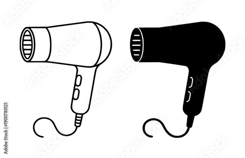 Electronic or technology icon, vector illustration of hair dryer, black and white in outline and silhouette design style