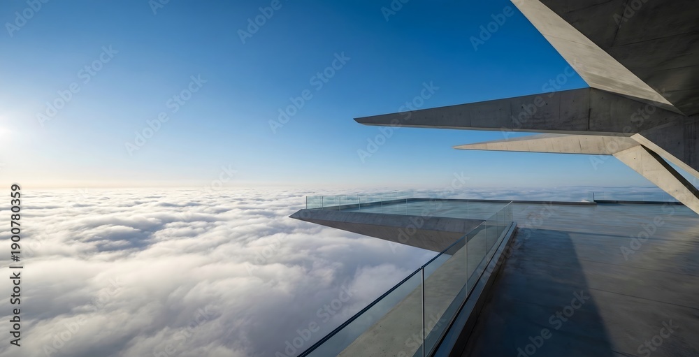 Fototapeta premium A sleek, modern concrete and glass observation deck extends dramatically above a vast sea of white clouds under a brilliant blue sky.