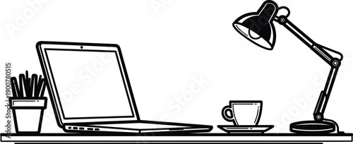 Modern workspace with laptop, potted plant, coffee and lamp, stylish desktop setup on transparent background