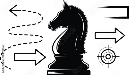 Chess knight piece and arrows indicating strategy and direction