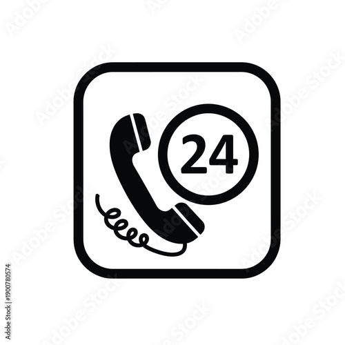 Black icon of a telephone with 24 hours customer support on a for business or service hotline concept