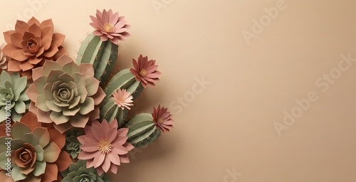 Paper art succulents and cacti with pink blooms create a charming botanical display on a minimalist beige background, offering ample copy space.
