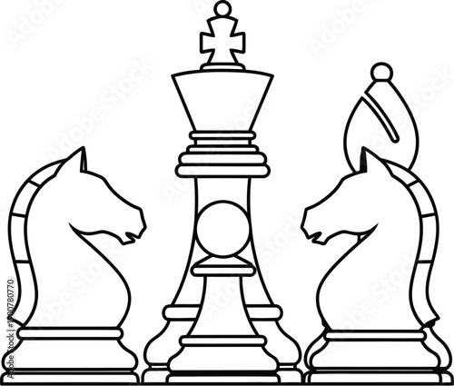 Strategy and planning concept with line art chess pieces king and knights
