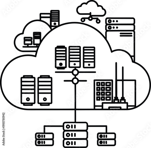 Cloud computing network with servers, databases, and various data center components for modern infrastructure