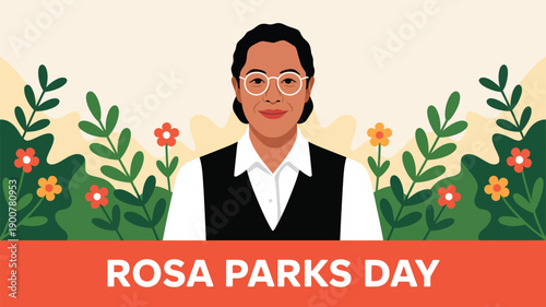 rosa parks day illustration with civil rights activist portrait and floral background honoring equality, justice and african american history