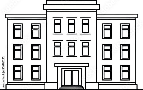 Multistory building exterior with multiple windows and main entrance, simple architectural drawing