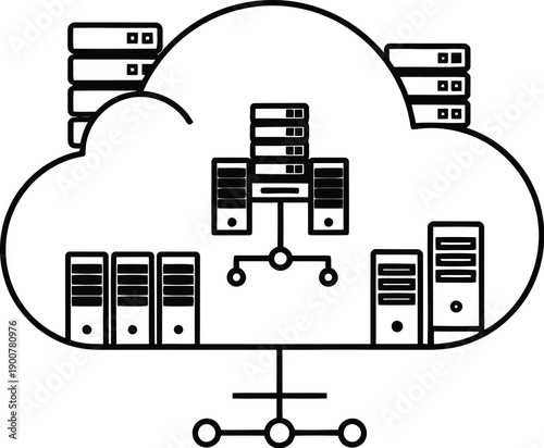 Cloud computing network with servers and data storage connected by lines and nodes representing digital infrastructure and technology