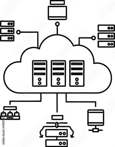 Cloud computing network showing servers, databases, and various connected devices for data infrastructure