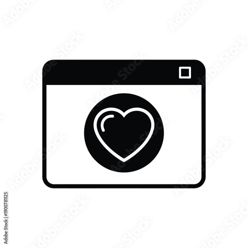 Black and white illustration of a heart icon on a computer screen with a simple design and a