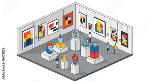 Isometric art gallery featuring abstract illustrations and graphic designs on display