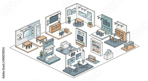 Isometric illustration of an office space with furniture and technology via RJ ImageFX