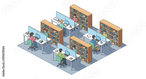 Office workers collaborating at their desks in a modern open-plan workspace with computer screens and filing cabinets around them via RJ ImageFX Auto