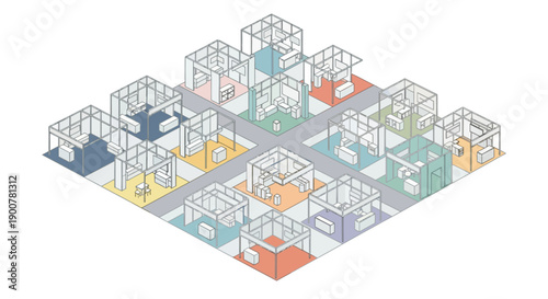 Isometric illustration of a modern office space with cubicles and diverse workstations in a vibrant, multi-colored environment