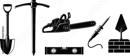 Construction and work tool silhouette vector illustration line art set on transparent background