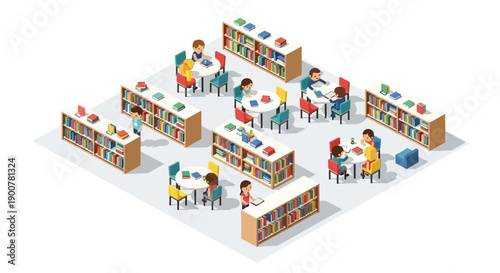 Isometric illustration of people interacting with bookshelves and each other in a modern library environment via RJ ImageFX