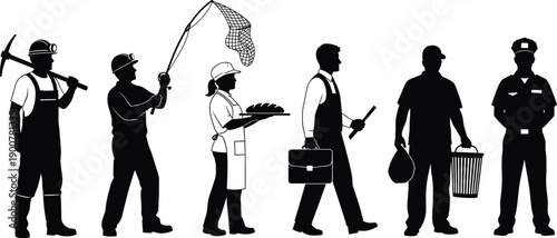 Different career workers silhouette vector illustration set featuring baker fisherman miner