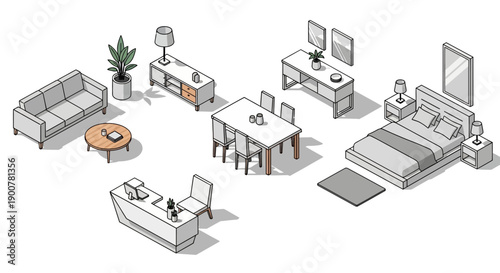 Isometric illustration of modern furniture arrangement featuring sofa, table, chair, bed, and desk in a minimalist interior design