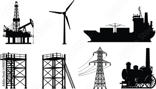 Heavy industry vector silhouette illustration with oil rig, wind turbine, and ship line art