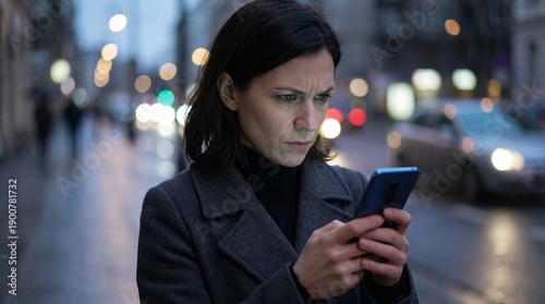 Woman looking at phone with suspicion on city street at dusk  