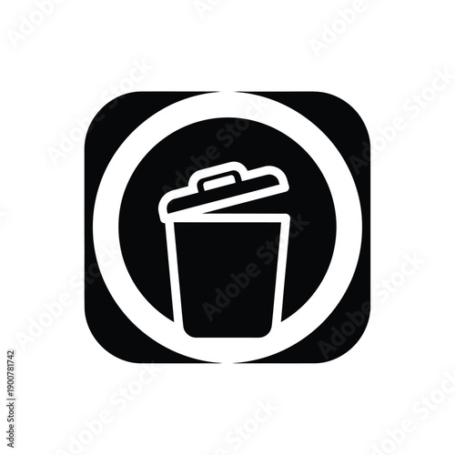 Black and white icon of a trash can in a circle on a square background