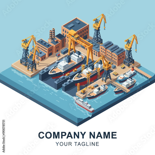 Isometric Illustration of Industrial Shipping Yard with Cranes and Boats.